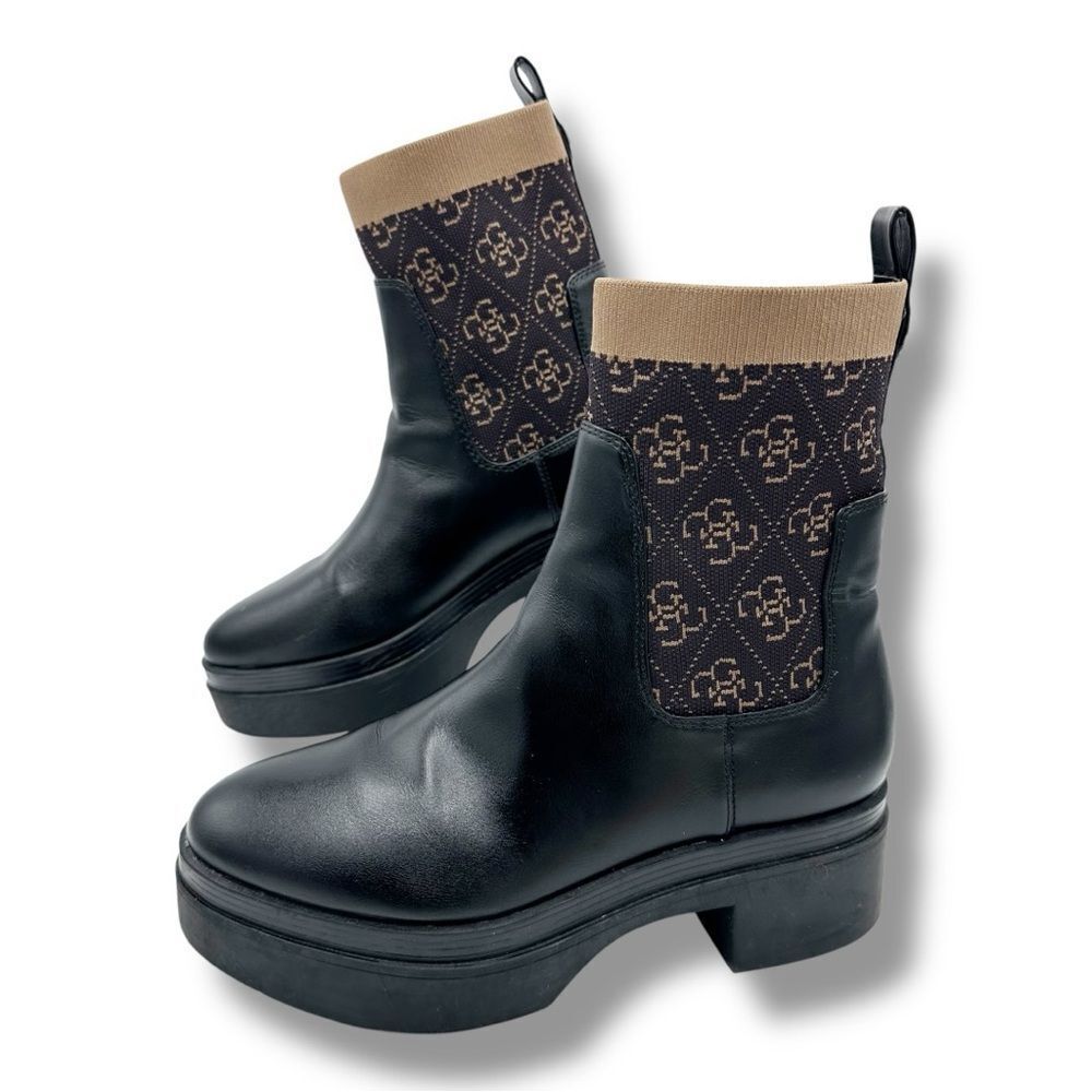GUESS Women's Keanna Knit Detail Pull-On Lug Sole Faux Leather Chelsea Boots 8.5